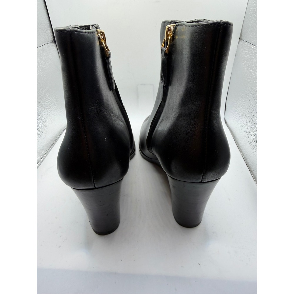 Lauren Ralph Lauren Shaley Black Leather Wedge Ankle Boots Gold Logo Size 6B - Picture 2 of 7